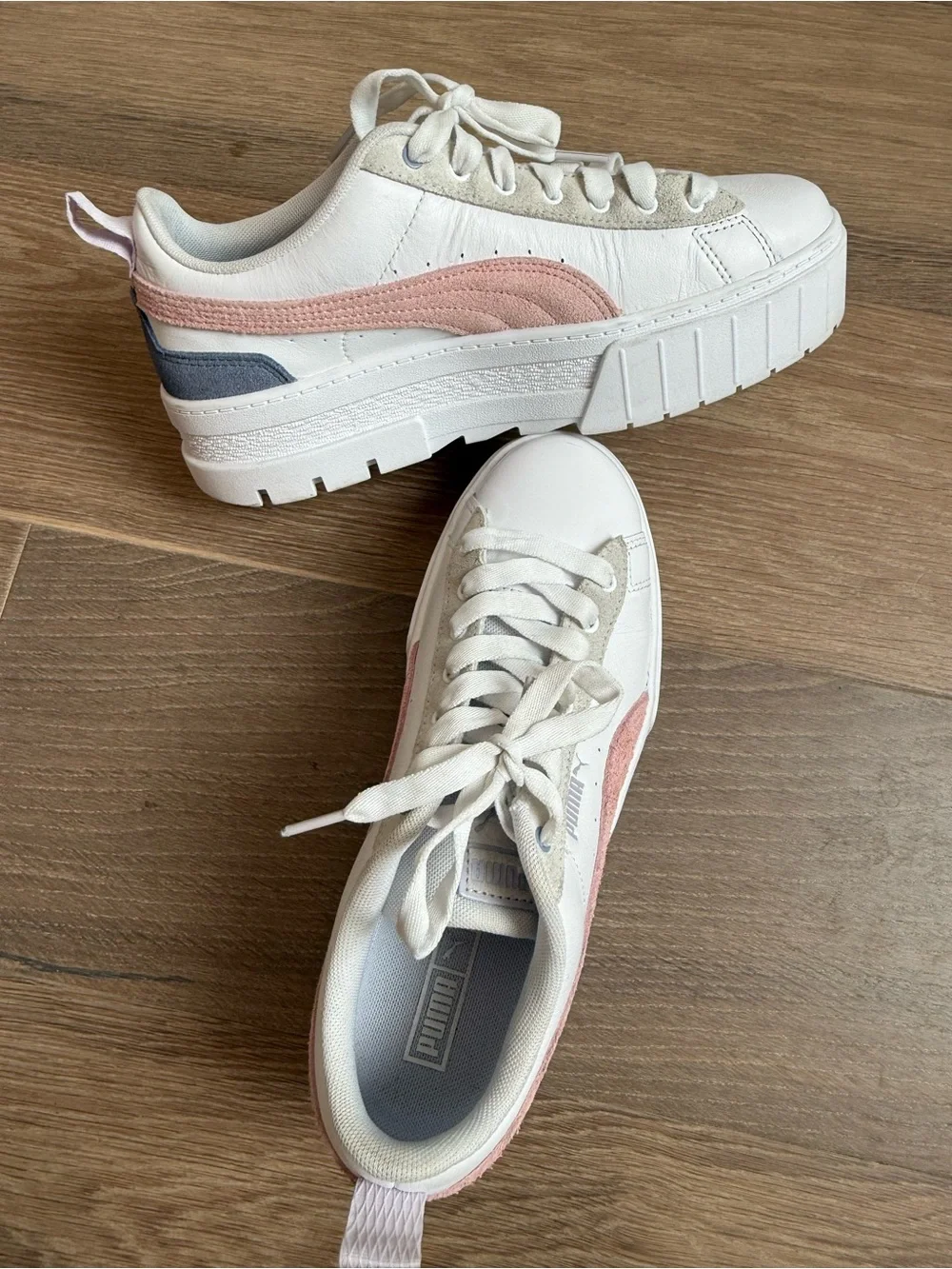 Puma White Sneakers with Pink Suede Formstrip and Gray Accent